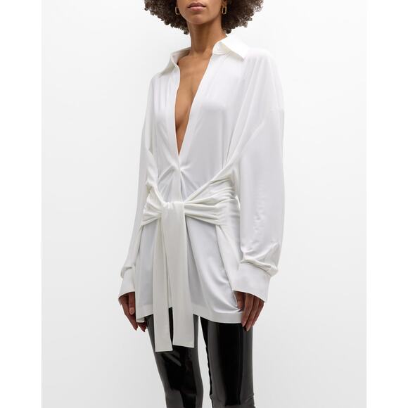 NORMA KAMALI Women's Oversized Ty Front Nk Shirt XS Snow White Long Sleeve NWT - Picture 1 of 11